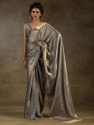 M.S.RETAIL Solid/Plain Bollywood Satin Saree(Grey, Gold)