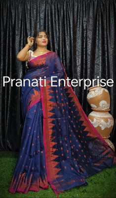 PRANATI ENTERPRISE Temple Border Tant Cotton Silk Saree(Dark Blue)
