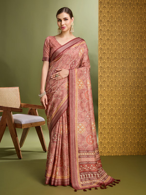 MANTROTSAV Digital Print Hand Batik Silk Blend Saree(Pink)
