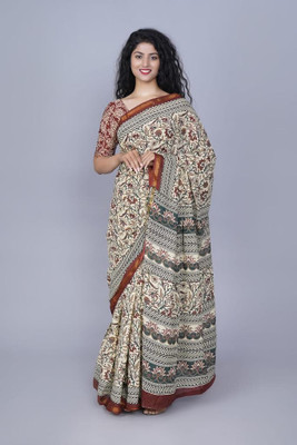 Tropwear Self Design, Printed, Blocked Printed, Digital Print, Hand Painted Ikkat Pure Cotton Saree(Cream)