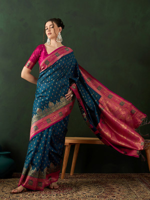 Sangria Woven, Self Design Banarasi Silk Blend, Jacquard Saree(Blue)