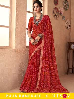 Divastri Embellished Bandhani Chiffon Saree(Red)