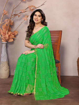 Ladymint Woven, Self Design, Embellished Baluchari Chiffon Saree(Green)