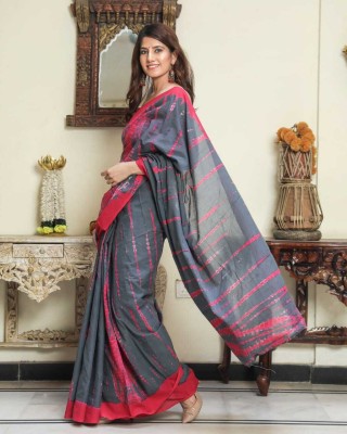 NIKHILAM Printed Daily Wear Pure Cotton Saree(Pink, Grey)