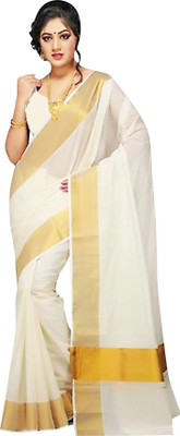 Saran Solid/Plain Kasavu Pure Cotton Saree(Cream)