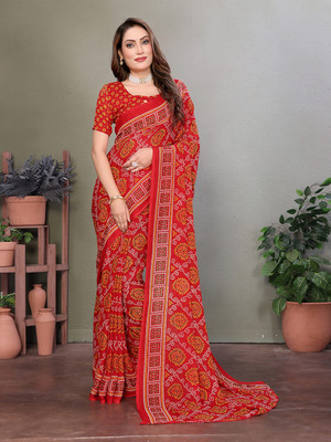 Anand Sarees Paisley, Geometric Print Bandhani Georgette Saree(Red)