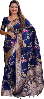 VARSHDIN Floral Print Banarasi Silk Blend Saree(Dark Blue)