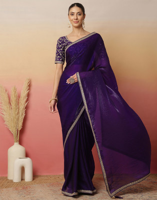 Satrani Embroidered, Solid/Plain Bollywood Chiffon, Jimmy choo Saree(Purple)