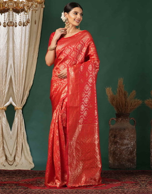 FEBART CREATION Embroidered Banarasi Pure Silk Saree(Red)
