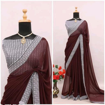 OKTAT Solid/Plain Bollywood Georgette Saree(Brown)