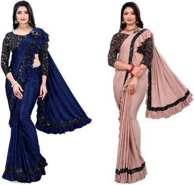 MIJAASHREE Solid/Plain Bollywood Lycra Blend Saree(Pack of 2, Multicolor)