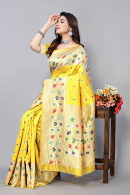 nosequeen Woven, Striped, Floral Print Paithani Art Silk, Silk Blend Saree(Yellow)