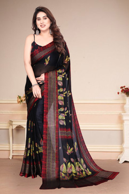 SuperLaxmi Floral Print Bollywood Chiffon, Georgette Saree(Black)