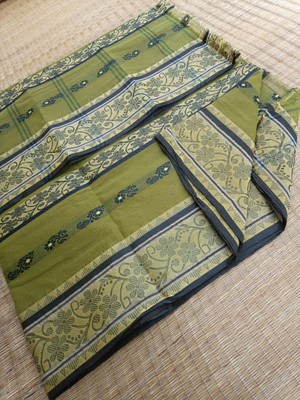 KhayaFashion Woven Tant Pure Cotton Saree(Dark Green)