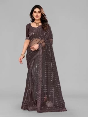 Vragi Applique Bollywood Lycra Blend Saree(Brown)