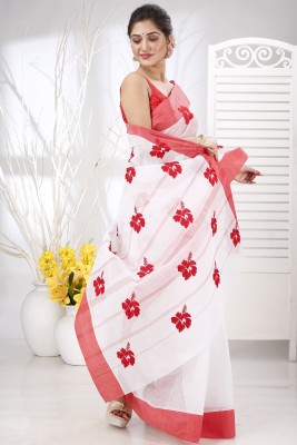 PuJoy Embroidered, Woven Tant Pure Cotton Saree(White, Red)