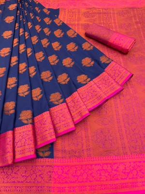 JbWorld Woven, Embellished, Self Design Banarasi Cotton Silk, Pure Silk Saree(Dark Blue, Pink)