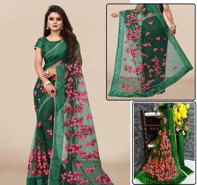 JSItaliya Embroidered Bollywood Net Saree(Dark Green)