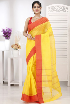 DipDiya Solid/Plain, Woven Tant Pure Cotton Saree(Yellow, Red)
