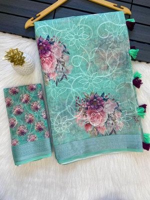 bhavika silk mills Digital Print Bollywood Cotton Linen Saree(Light Blue)