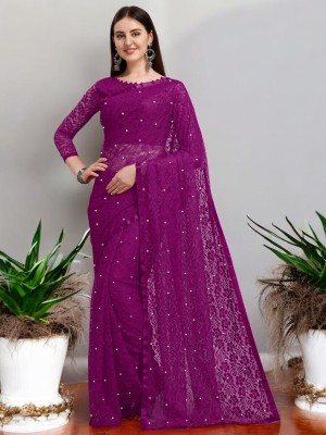 Prisha Fashion Embroidered Bollywood Net Saree(Purple)