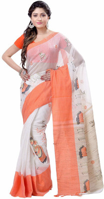 Desh Bidesh Printed, Self Design, Solid/Plain, Woven Handloom Cotton Blend, Pure Cotton Saree(White)