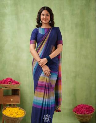 SMRITI HANDLLOM Striped Bollywood Handloom Mulmul Saree(Blue)