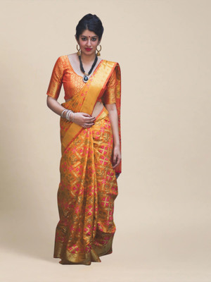 M.S.RETAIL Self Design Banarasi Silk Blend Saree(Gold, Orange)