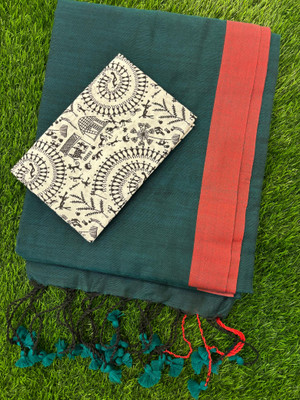 SMRITI BOUTIQUE Printed Bollywood Handloom Pure Cotton Saree(Dark Green, Red, Black)