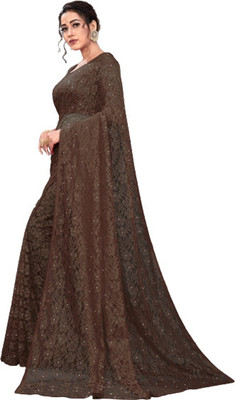 SwiftStyle Solid/Plain Bollywood Net Saree(Brown)