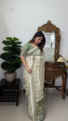Vasanam Printed, Floral Print, Geometric Print Banarasi Cotton Linen Saree(Cream, Green)