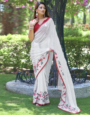 Samah Dyed, Embroidered, Embellished Bollywood Georgette Saree(White, Multicolor)