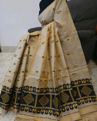 GODHANI ENTERPPPRIZE Woven Mekhela Chador Cotton Silk Saree(Cream, Black, Yellow)