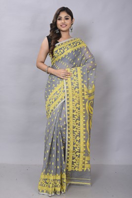 Tant Boutique Printed Jamdani Cotton Silk Saree(Grey, Yellow)