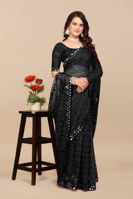 MAA CREATION Floral Print Bollywood Net Saree(Black)