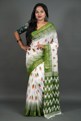 Trishul Printed Handloom Handloom Khadi Saree(White)