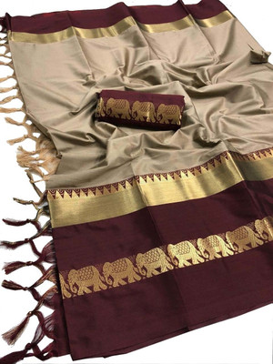 MIRUNAA Woven Banarasi Jacquard, Cotton Silk Saree(Beige)