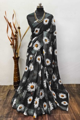 VAKHARIYAFAB Digital Print, Self Design Bollywood Cotton Linen, Linen Saree(Black)