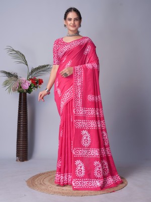 pramukh creation Printed Bandhani Chanderi Saree(Pink)