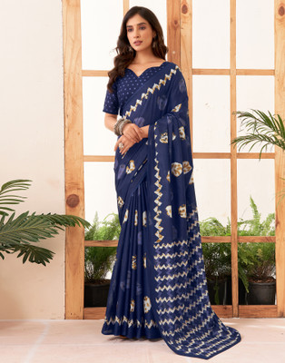 all about you Printed Handloom Pure Cotton Saree(Dark Blue, White)