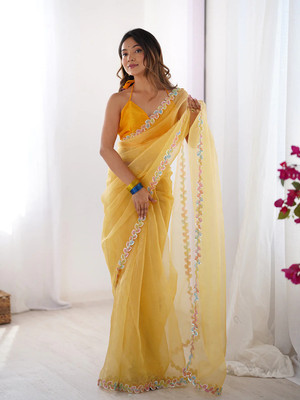 JOVTY Solid/Plain Bollywood Georgette Saree(Yellow)