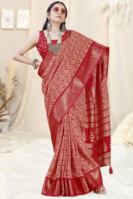 MIRCHI FASHION Printed, Embellished Leheria Cotton Silk, Silk Blend Saree(Red, White)