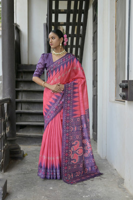 PeachPetals Printed, Woven Ikkat Tussar Silk Saree(Pink, Brown)