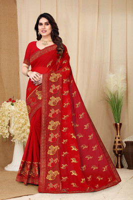 Crystallfashion Self Design Bollywood Georgette Saree(Red)