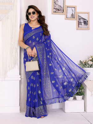 ANOUK Printed Saree with Attached Blouse Georgette Saree(Blue)