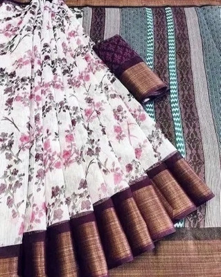 Grubstaker Printed Daily Wear Cotton Blend Saree(White)