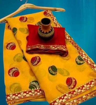 ZENFAB THREADS Applique, Geometric Print Bollywood Georgette Saree(Yellow)