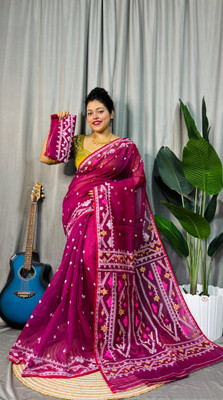 Pasum's Embroidered, Self Design Jamdani Pure Cotton Saree(Magenta, Pink, Gold)