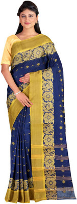 SABITA CUSTOMERY Self Design Handloom Handloom Pure Cotton Saree(Blue, Yellow)