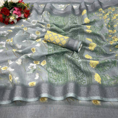 Myraani Floral Print Daily Wear Cotton Linen Saree(Grey)